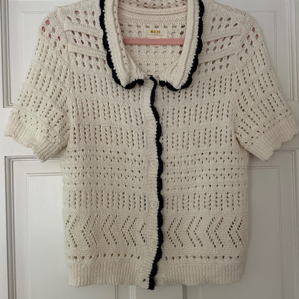 Anthropologie Maeve Cream Crochet Short-Sleeve Cardigan